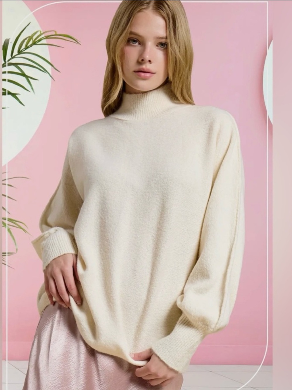 135. Ivory, oversized turtleneck balloon sleeve cozy knit sweater, various sizes
